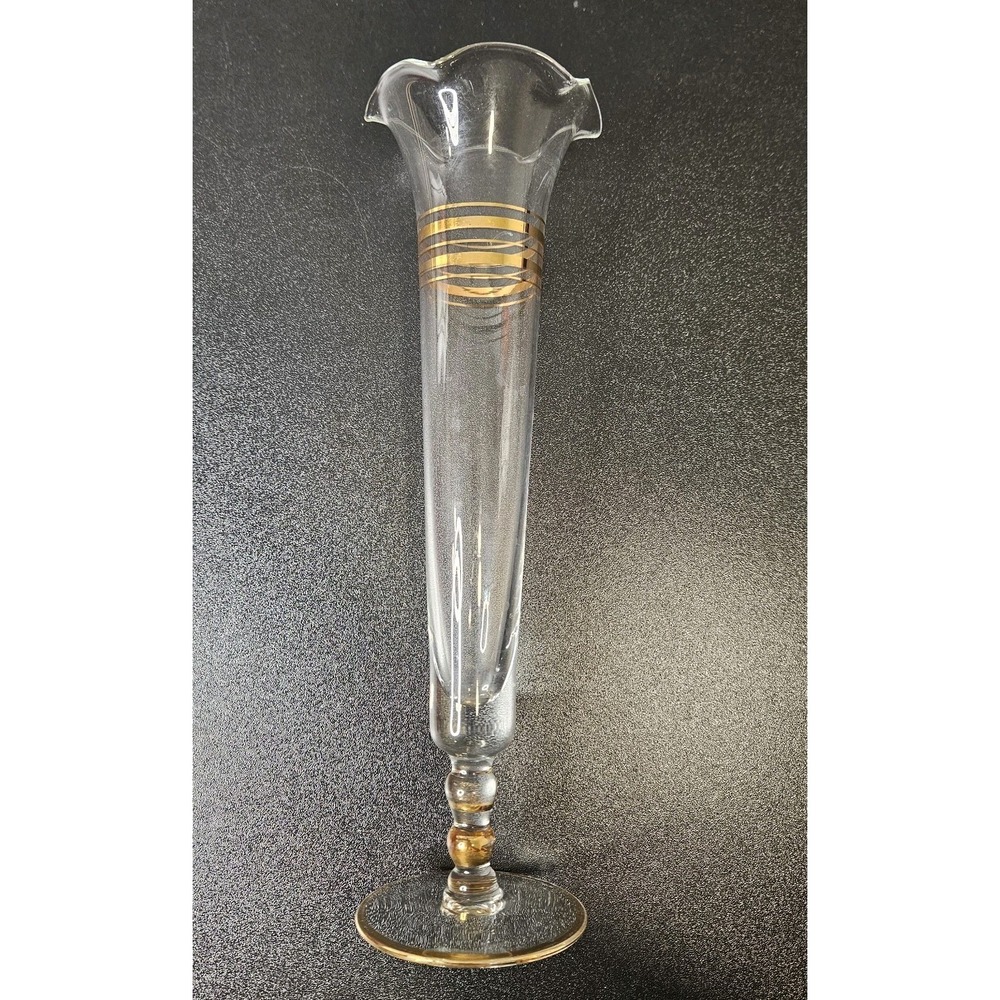 Mid Century MCM Glass Bud Vase Gold‎ Painted Trim Ruffle Edge 10 Inch